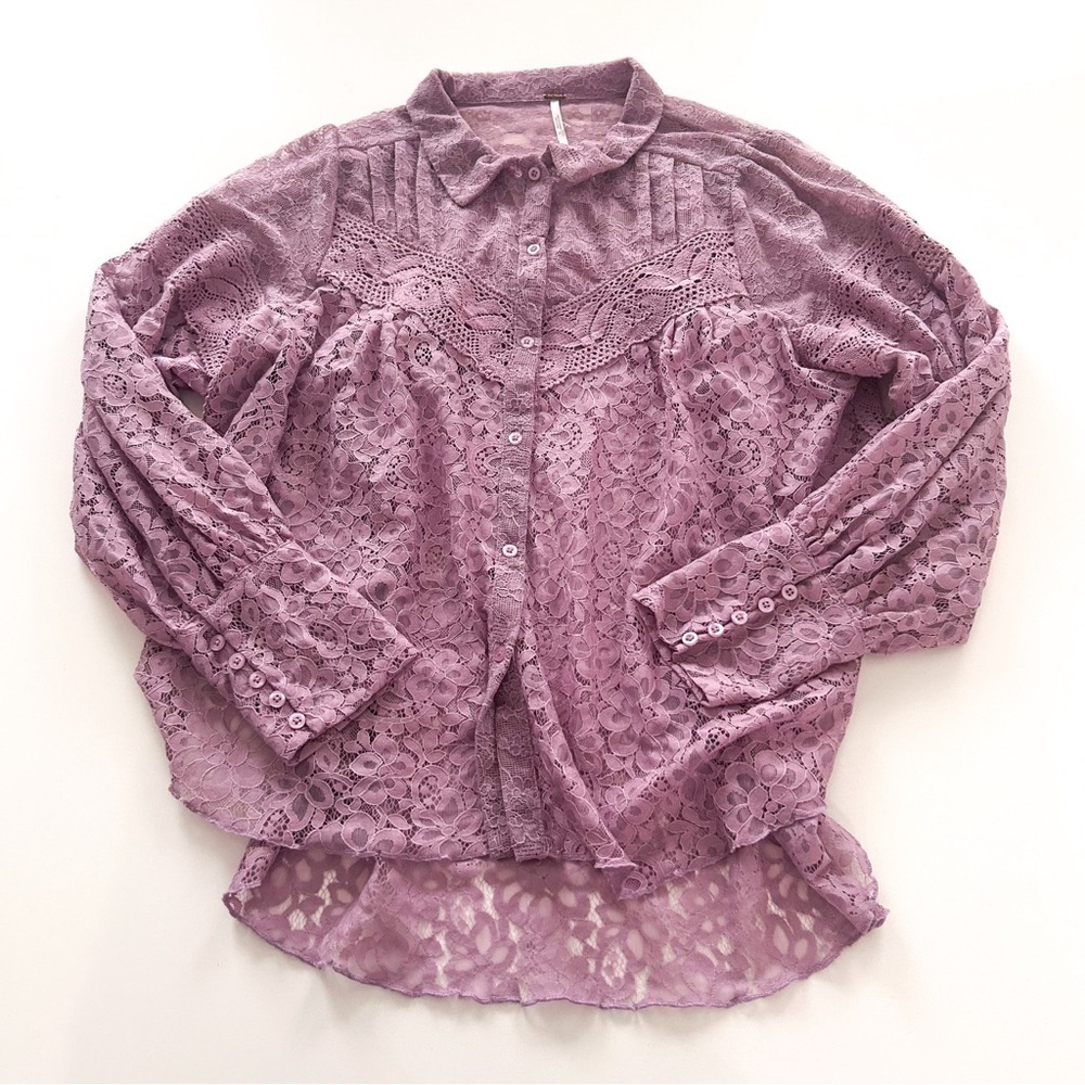 Free People Out West Lace Blouse NWT Lilac Sheer Button Front Top S - Picture 11 of 17
